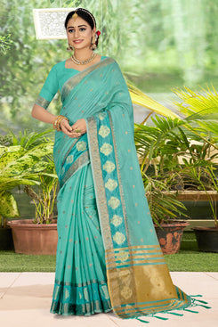 Admyrin Light Green Organza Woven Saree with Blouse Piece