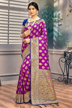 Admyrin Bright & Beautiful Purple Banarasi Silk Woven Saree with Contrast Blouse Piece