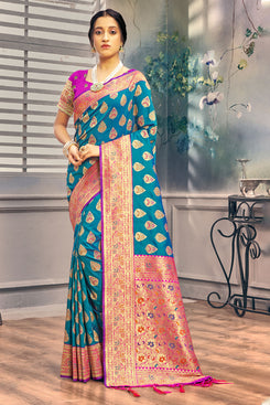 Admyrin Bright & Beautiful Rama Blue Banarasi Silk Woven Saree with Contrast Blouse Piece