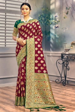Admyrin Bright & Beautiful Maroon Banarasi Silk Woven Saree with Contrast Blouse Piece