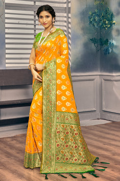 Admyrin Bright & Beautiful Mustard Banarasi Silk Woven Saree with Contrast Blouse Piece