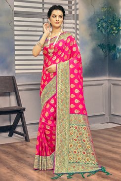 Admyrin Bright & Beautiful Pink Banarasi Silk Woven Saree with Contrast Blouse Piece