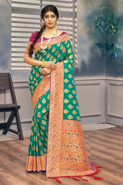 Admyrin Bright & Beautiful Light Green Banarasi Silk Woven Saree with Contrast Blouse Piece