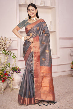 Admyrin Grey Organza Woven Saree with Blouse Piece