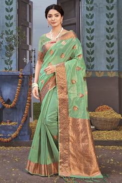 Admyrin Green Organza Woven Saree with Blouse Piece
