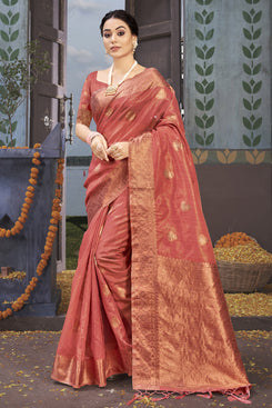 Admyrin Pink Organza Woven Saree with Blouse Piece