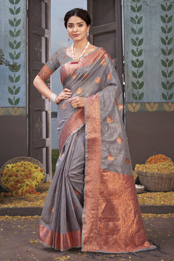 Admyrin Grey Organza Woven Saree with Blouse Piece