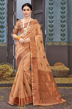 Admyrin Orange Organza Woven Saree with Blouse Piece