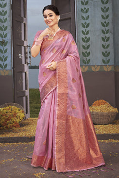 Admyrin Pink Organza Woven Saree with Blouse Piece
