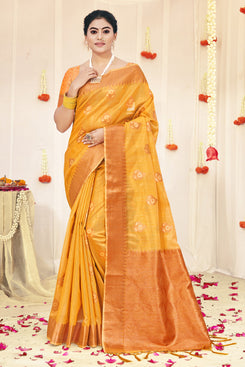 Admyrin Orange Organza Woven Saree with Blouse Piece