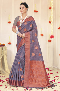Admyrin Purple Organza Woven Saree with Blouse Piece