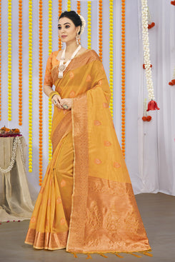 Admyrin Orange Organza Woven Saree with Blouse Piece