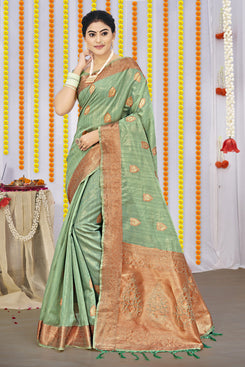 Admyrin Green Organza Woven Saree with Blouse Piece