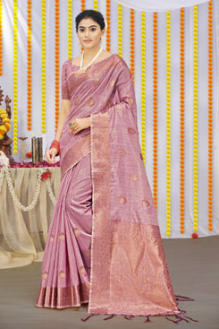 Admyrin Pink Organza Woven Saree with Blouse Piece