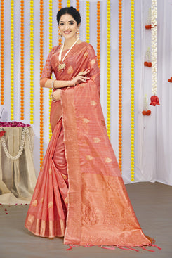 Admyrin Pink Organza Woven Saree with Blouse Piece