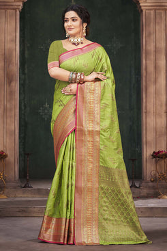 Admyrin Green Cotton Silk Woven Saree with Blouse Piece