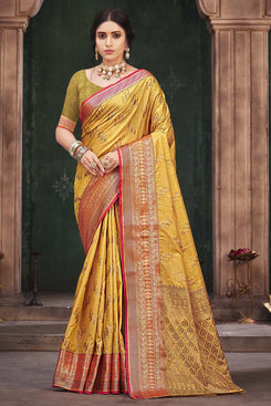 Admyrin Yellow Cotton Silk Woven Saree with Blouse Piece