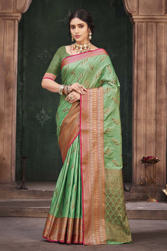 Admyrin Green Cotton Silk Woven Saree with Blouse Piece