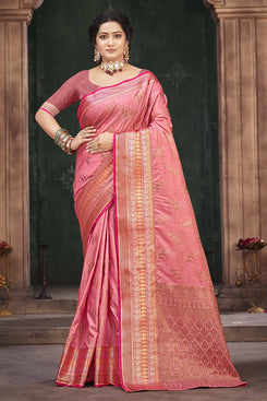 Admyrin Pink Cotton Silk Woven Saree with Blouse Piece