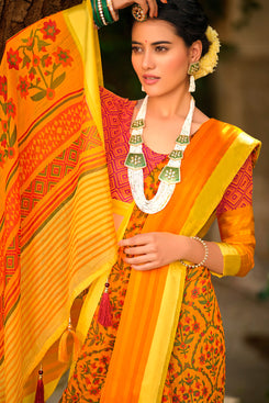Admyrin Mustard Soft Cotton Linen Printed Designer Party Wear Saree with Blouse Piece