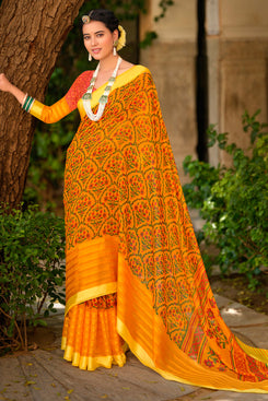 Admyrin Mustard Soft Cotton Linen Printed Designer Party Wear Saree with Blouse Piece
