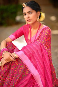 Admyrin Pink Soft Cotton Linen Printed Designer Party Wear Saree with Blouse Piece