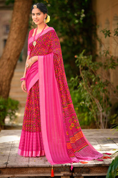 Admyrin Pink Soft Cotton Linen Printed Designer Party Wear Saree with Blouse Piece