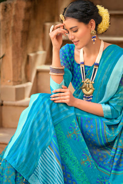 Admyrin Aqua Blue Soft Cotton Linen Printed Designer Party Wear Saree with Blouse Piece