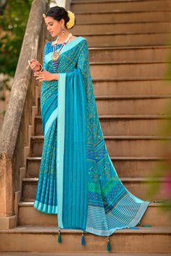 Admyrin Aqua Blue Soft Cotton Linen Printed Designer Party Wear Saree with Blouse Piece