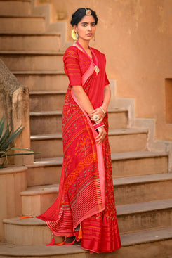 Admyrin Red Soft Cotton Linen Printed Designer Party Wear Saree with Blouse Piece