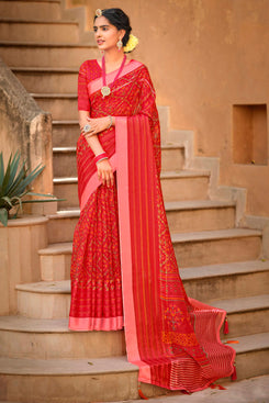 Admyrin Red Soft Cotton Linen Printed Designer Party Wear Saree with Blouse Piece