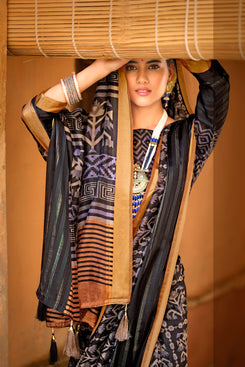 Admyrin Black Soft Cotton Linen Printed Designer Party Wear Saree with Blouse Piece