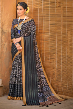 Admyrin Black Soft Cotton Linen Printed Designer Party Wear Saree with Blouse Piece