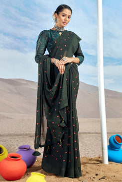 Admyrin Dark Green Georgette Foil Printed With Viscose Border Saree with Blouse Piece