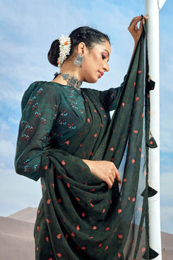 Admyrin Dark Green Georgette Foil Printed With Viscose Border Saree with Blouse Piece
