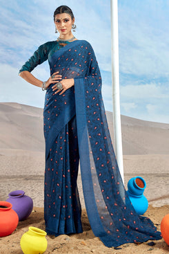 Admyrin Dark Blue Georgette Foil Printed With Viscose Border Saree with Blouse Piece
