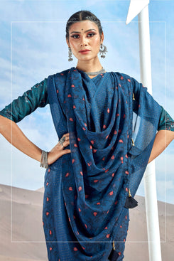 Admyrin Dark Blue Georgette Foil Printed With Viscose Border Saree with Blouse Piece
