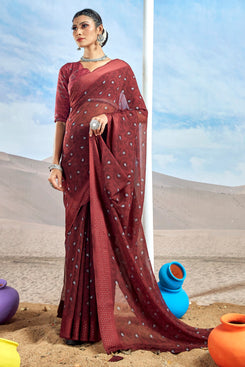 Admyrin Blood Red Georgette Foil Printed With Viscose Border Saree with Blouse Piece