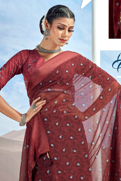 Admyrin Blood Red Georgette Foil Printed With Viscose Border Saree with Blouse Piece