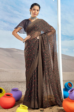 Admyrin Brown Georgette Foil Printed With Viscose Border Saree with Blouse Piece