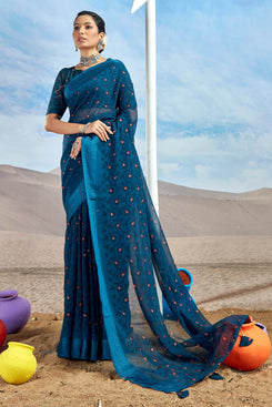 Admyrin Dark Blue Georgette Foil Printed With Viscose Border Saree with Blouse Piece
