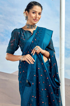 Admyrin Dark Blue Georgette Foil Printed With Viscose Border Saree with Blouse Piece