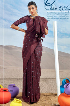 Admyrin Maroon Georgette Foil Printed With Viscose Border Saree with Blouse Piece