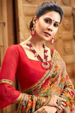 Bhelpuri Brown Chiffon Printed Traditional Saree with Blouse Piece