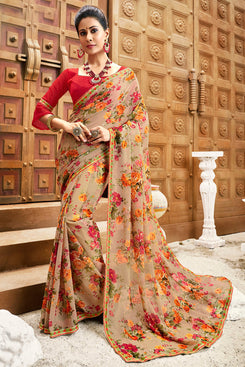 Bhelpuri Brown Chiffon Printed Traditional Saree with Blouse Piece