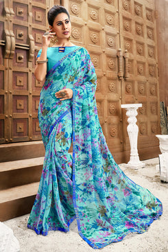 Bhelpuri Aqua Chiffon Printed Traditional Saree with Blouse Piece