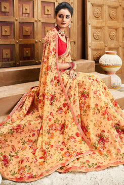 Bhelpuri Peach Chiffon Printed Traditional Saree with Blouse Piece