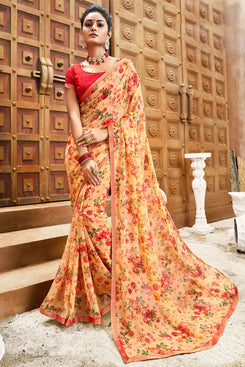 Bhelpuri Peach Chiffon Printed Traditional Saree with Blouse Piece