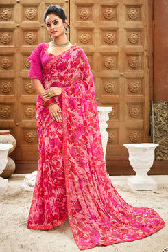 Bhelpuri Pink Chiffon Printed Traditional Saree with Blouse Piece