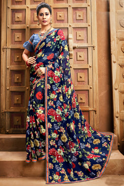 Bhelpuri Navy Blue Chiffon Printed Traditional Saree with Blouse Piece
